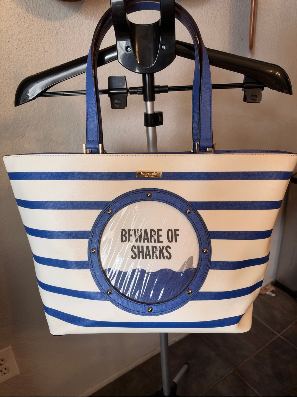 Rare Kate Spade Blue and White Striped 'Beware of Sharks' Tote